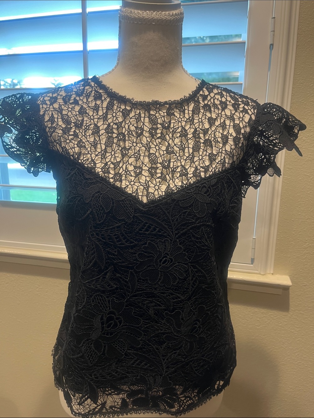 Black Lace Cap-Sleeve Womenâs Top